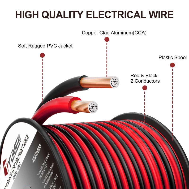 TYUMEN 16 Gauge Wire 100FT, 16/2 AWG Red Black Hookup Electrical Wire LED Strips Extension Cord 12V/24V DC Cable, 16AWG 2 Conductors Flexible Wire for in-Home, Autos, Schools use - Image 2